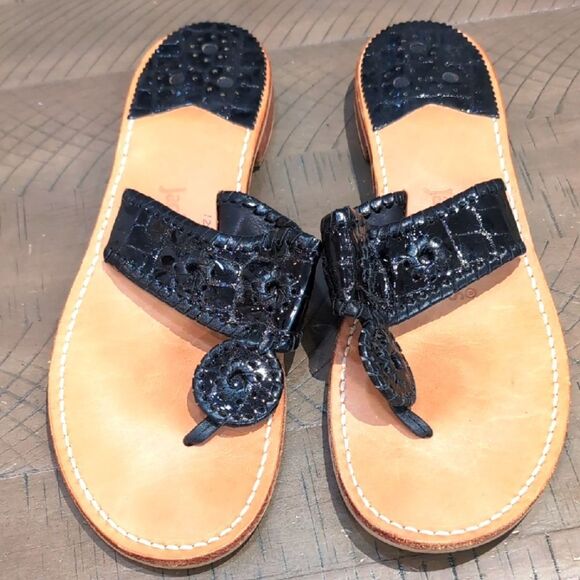 Jack Rogers Black Patent Leather Thong Sandals Sz 12 - Picture 1 of 6